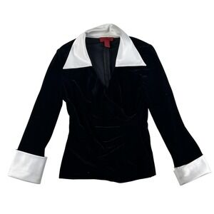 JS Collections Blouse Womens 4 Black Velvet Contrast Collar Cuff V-Neck Top